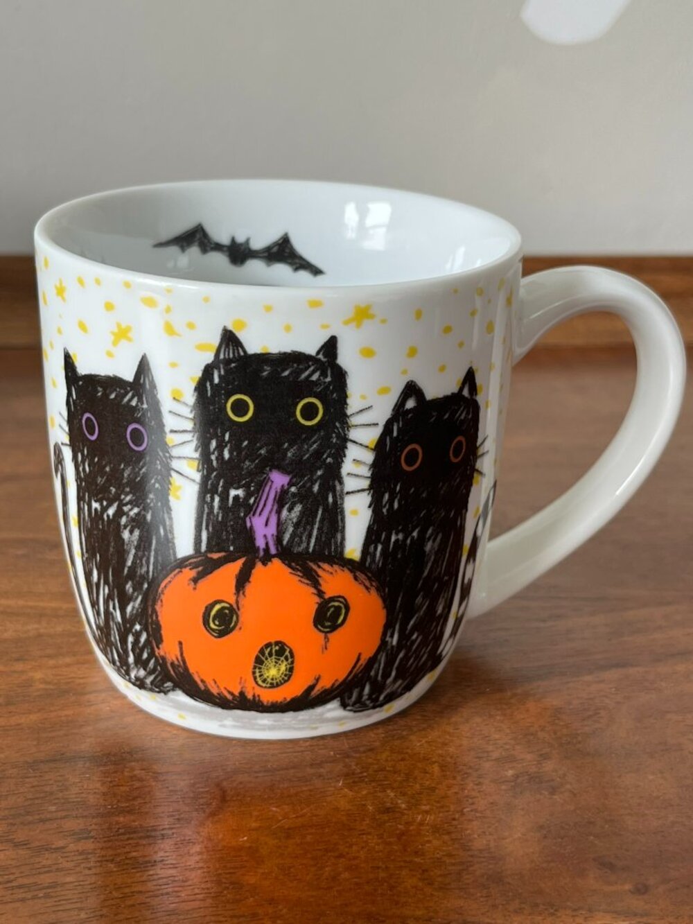 Now Designs Black Cat Trio Halloween Mug Porcelain Coffee Cup Pumpkin Bats 13 oz
